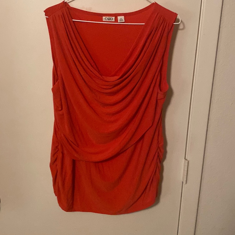 XL sleeveless, orange cowl neck blouse.